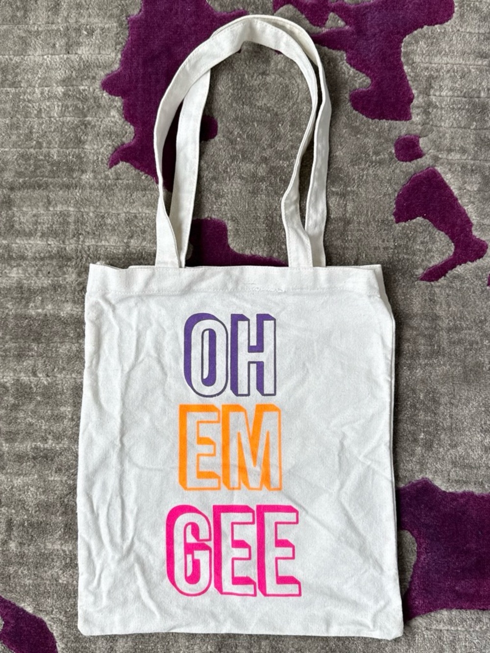White Canvas Tote Bag with Colorful 'OH EM GEE' Print